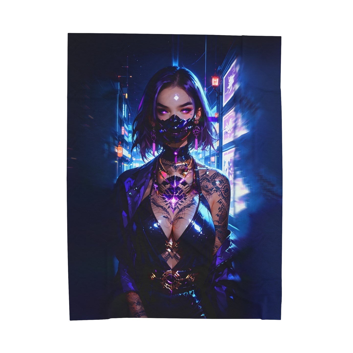 Cyber Ninja Anime Waifu - Verticle - Velveteen Plush Blanket