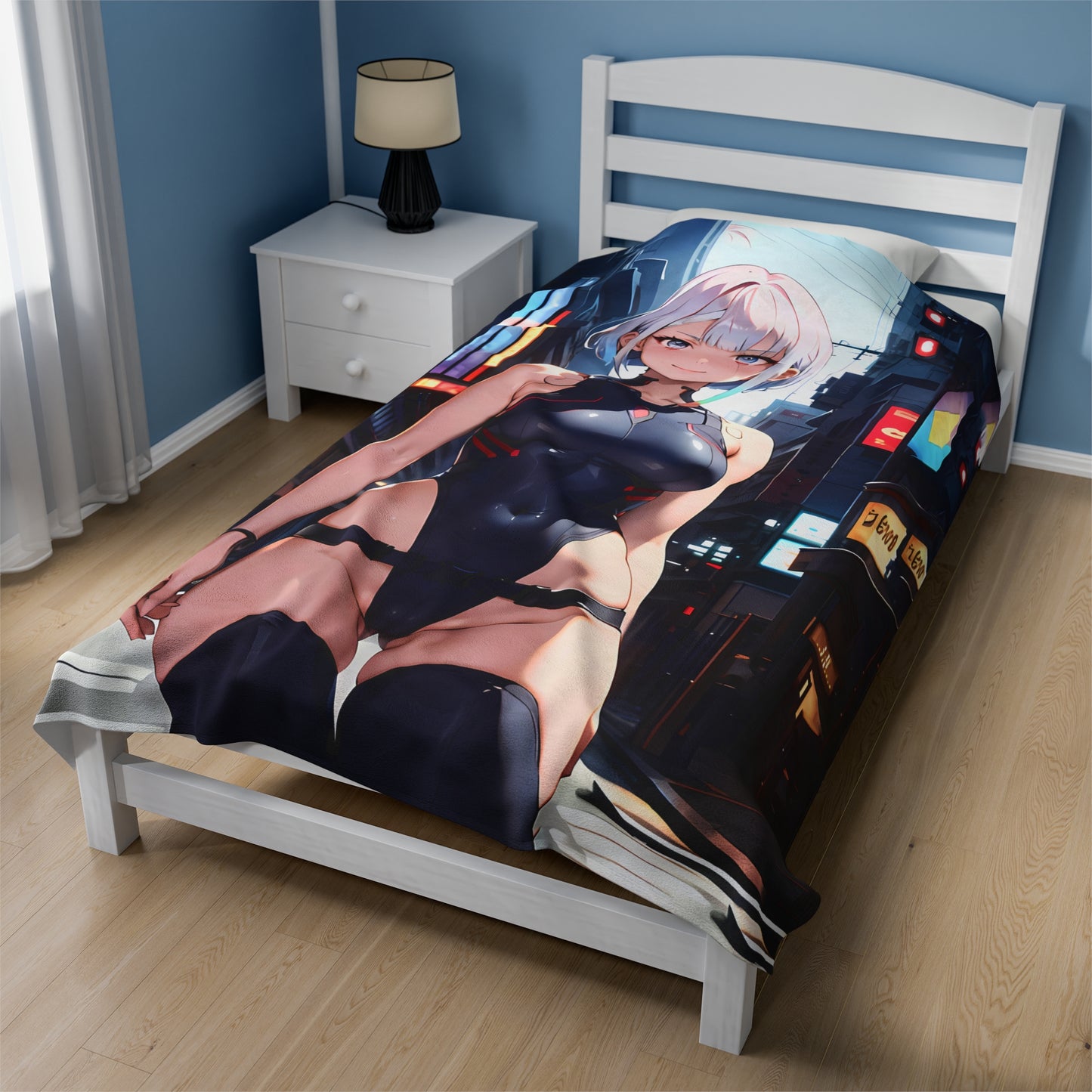 Cyber Punk Anime Waifu - Verticle - Velveteen Plush Blanket
