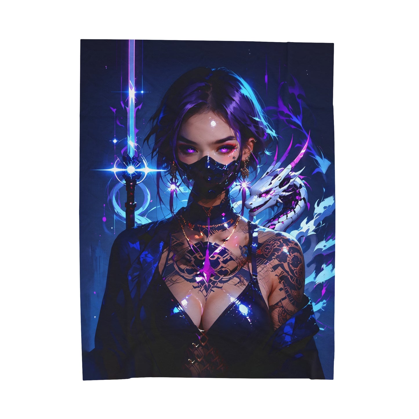 Cyber Ninja Anime Waifu - Verticle - Velveteen Plush Blanket