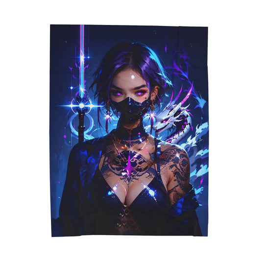 Cyber Ninja Anime Waifu - Verticle - Velveteen Plush Blanket