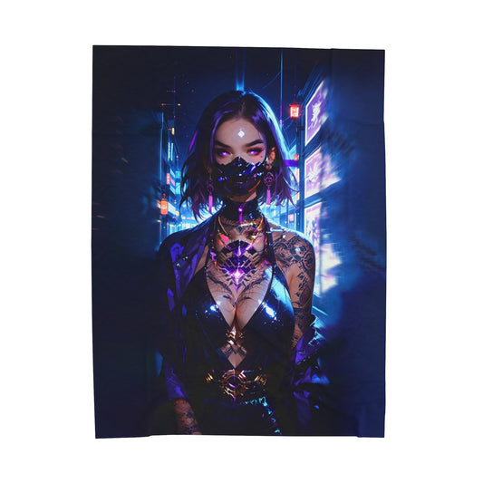 Cyber Ninja Anime Waifu - Verticle - Velveteen Plush Blanket