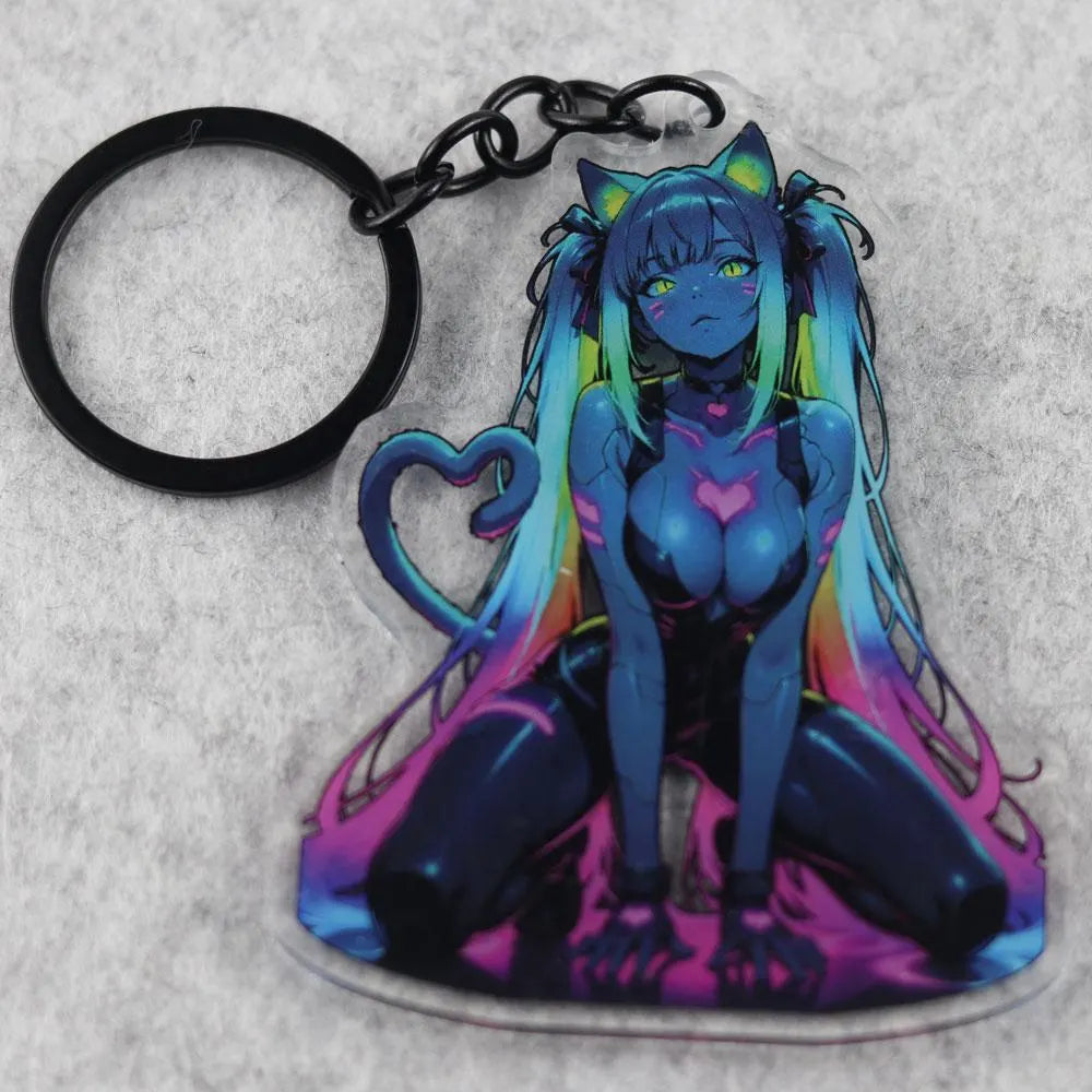 Neon Cat Girl Anime Acrylic Keychain – 3” Double-Sided Fan Art Charm